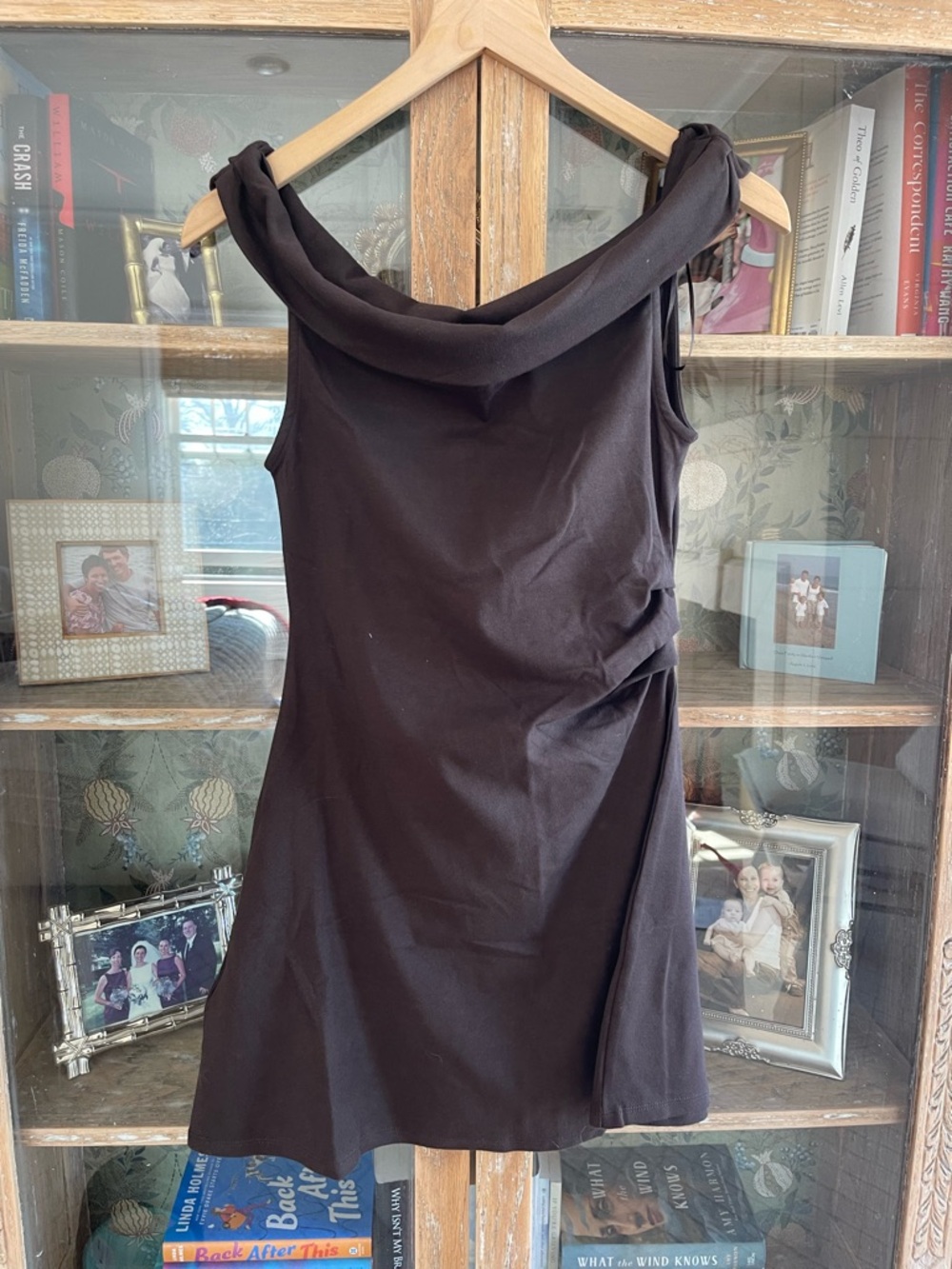 Mango Off the shoulder Dress with Draped Neckline in Chocolate Brown